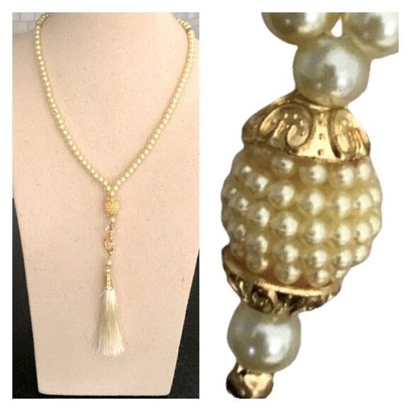 Faux Pearl Beaded Pendant Necklace with Tassel Vintage Flapper Long Creamy NEW - Picture 1 of 10